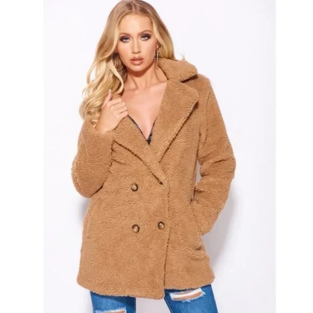 Brown Long Sleeve Double Breasted Midi Borg Teddy Bear Fur Coat